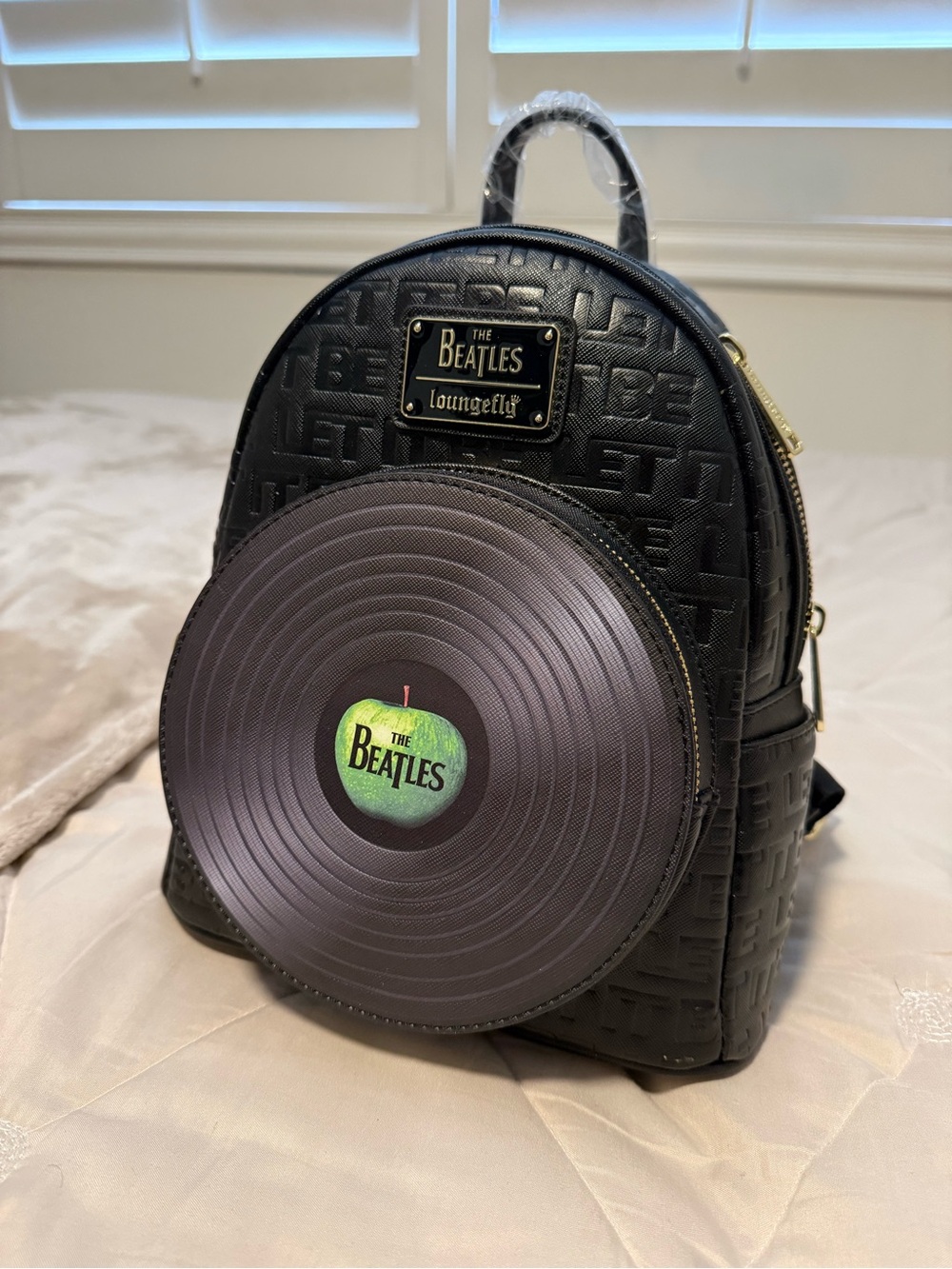 Loungefly The Beatles Black Mini Backpack with Vinyl Apple Pocket